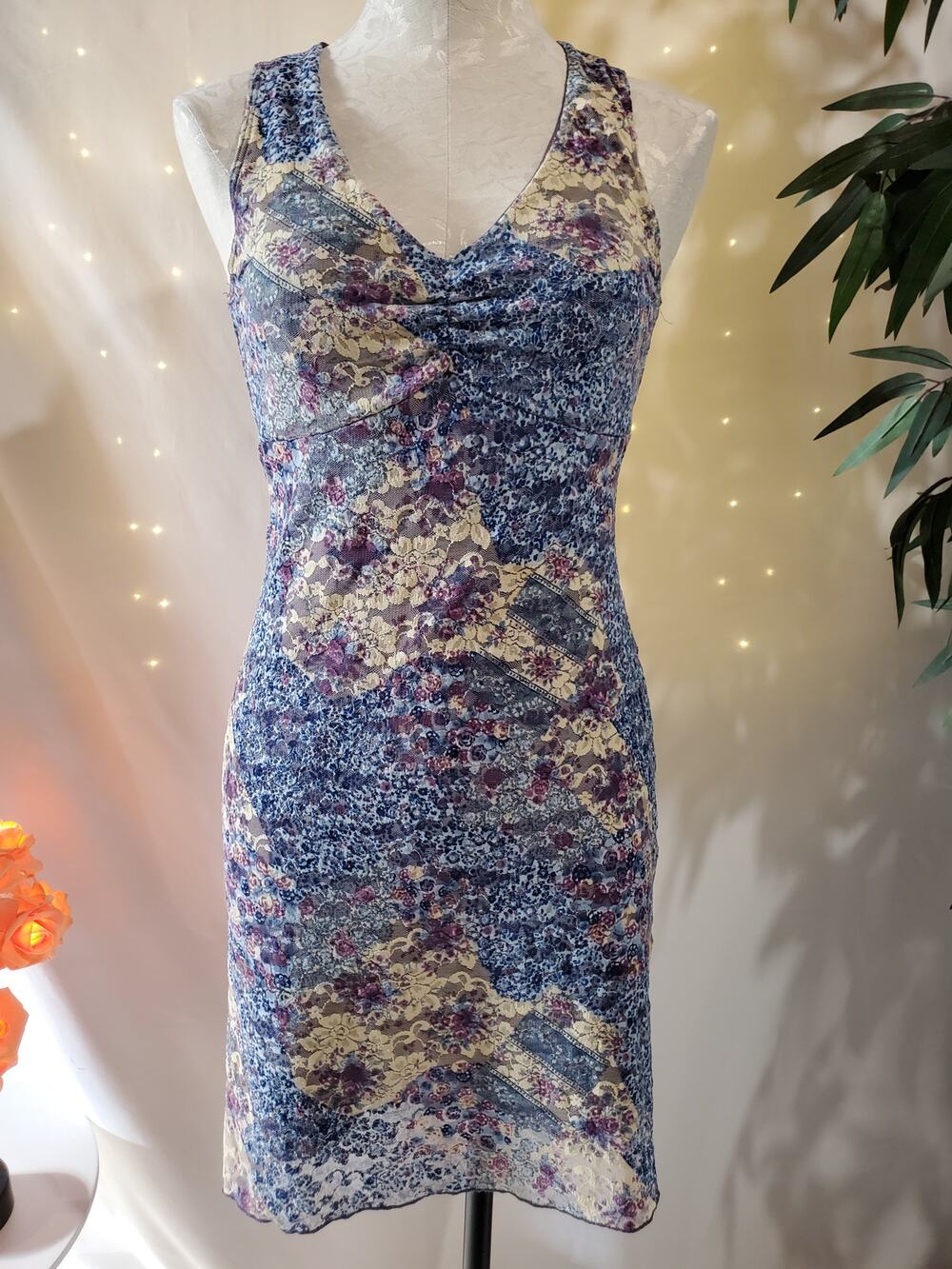Vanity Vintage Y2K 90s Floral Lace V-Neck Sheath Dress Size S Cottage Fairy